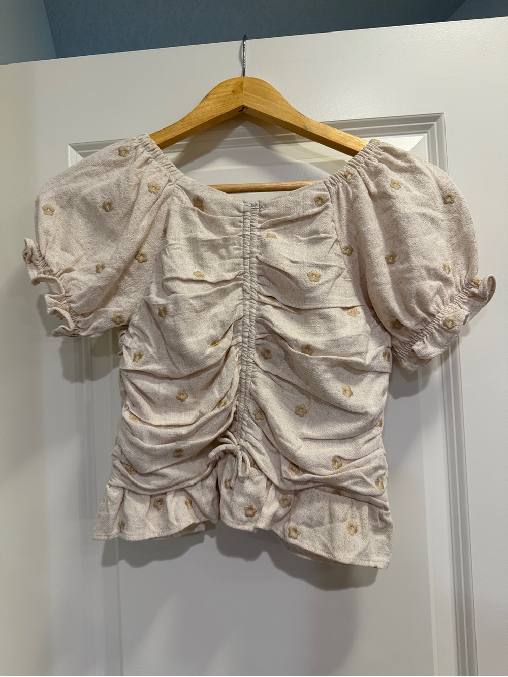 Zara Cream Ruched Puff-Sleeve Top with Gold Dot Embroidery